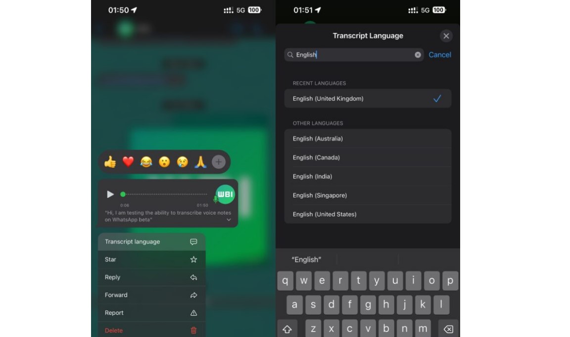 WhatsApp voice message transcript feature. Credit: WABetaInfo