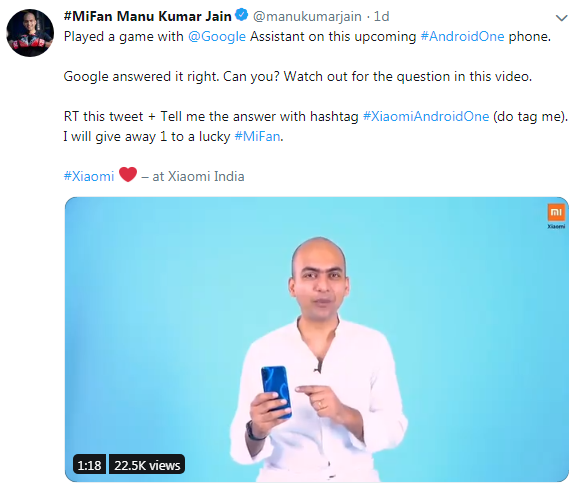 Xiaomi Mi A3 Android One teaser (video grab) on Twitter
