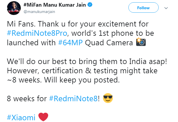 Xiaomi Redmi Note 8 series coming to India soon (Picture Credit: Manu Kumar Jain/Twitter screen-grab)