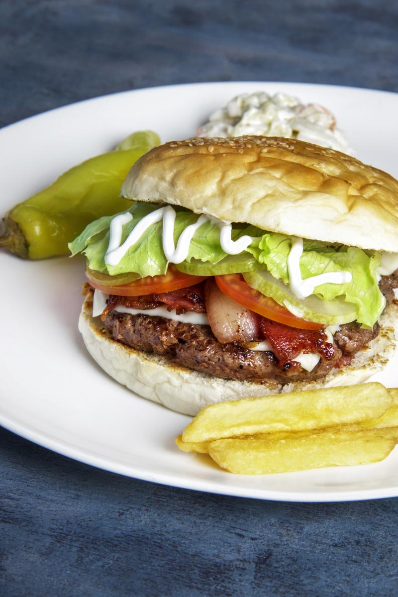 The cafe is known for its huge burgers.
