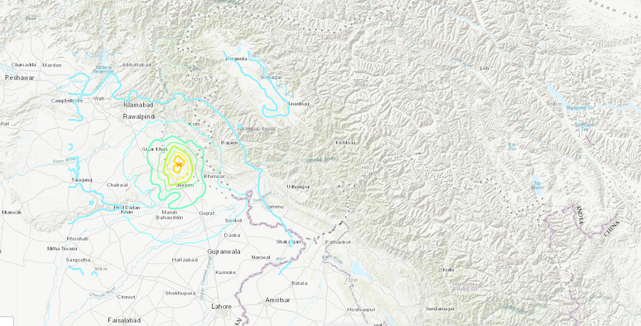 The USGS (US Geological survey), the epicentre of the quake is about one kilometre South-East of New Mirpur, Pakistan.