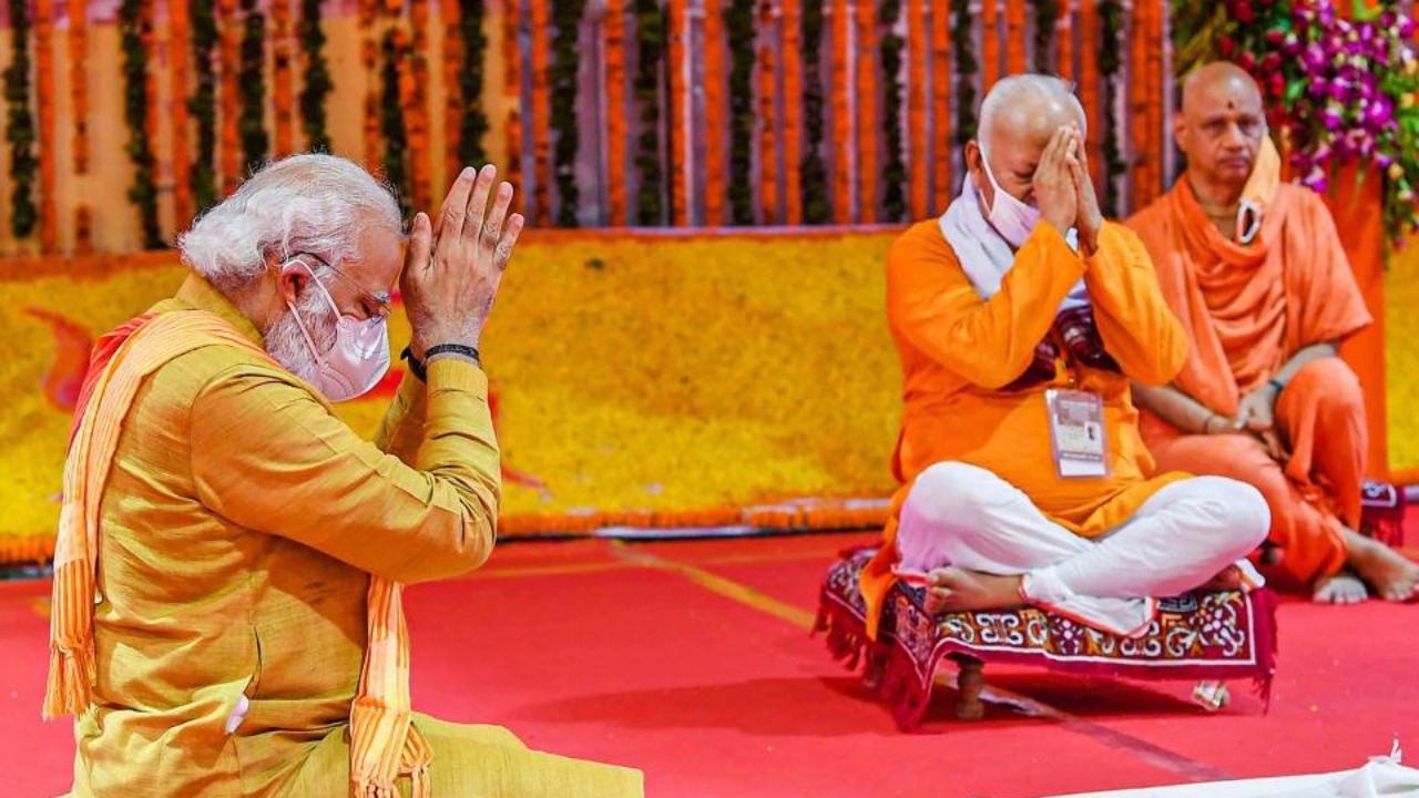 Prime Minister Narendra Modi along with RSS Chief Mohan Bhagwat performs Bhoomi Pujan at ‘Shree Ram Janmabhoomi Mandir’, in Ayodhya. 