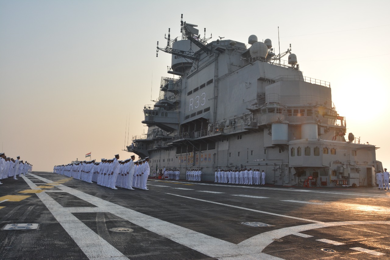 Navy Chief reviews combat readiness; addresses combatants through broadcast from INS Vikramaditya