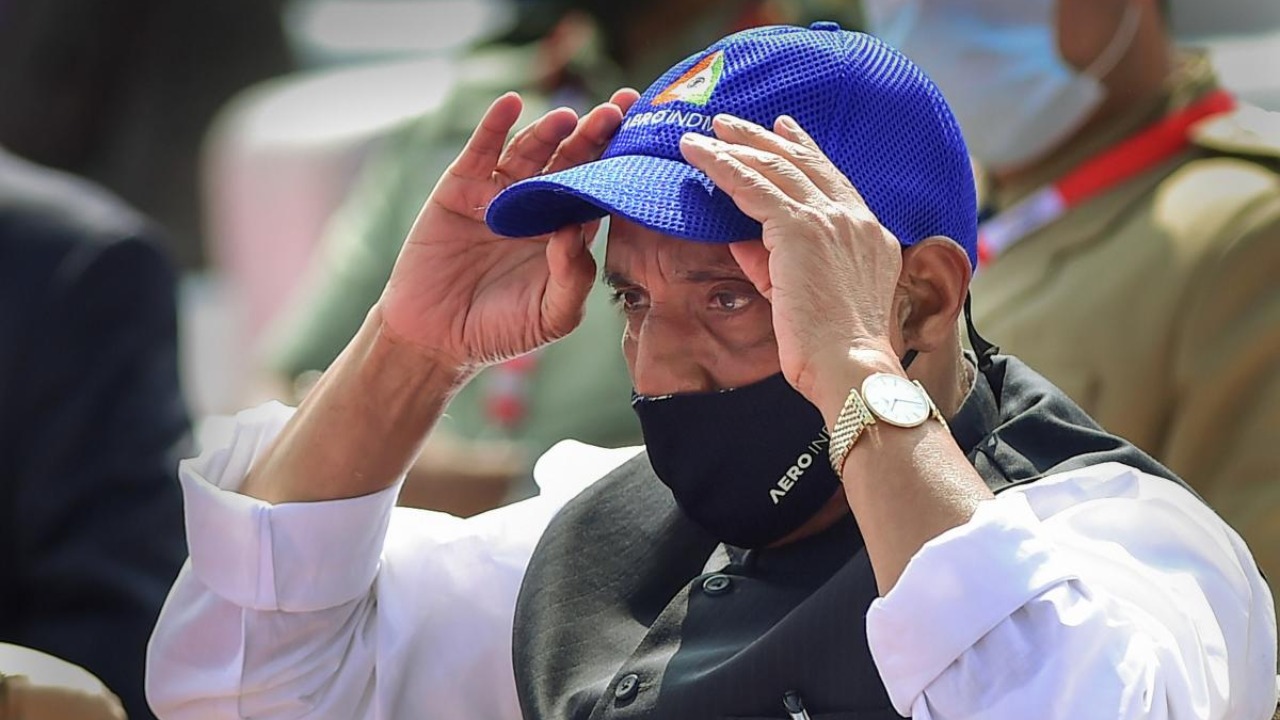 Defence Minister Rajnath Singh during the inauguration of the 13th edition of Aero India, at Yelahanka air base in Bengaluru.