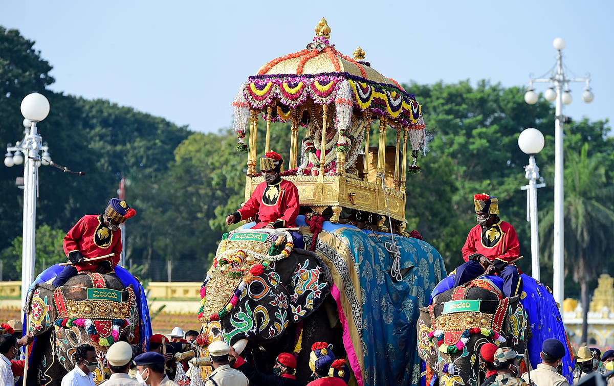 Decorated elephant carrying the golden howdah during a Mysuru Dasara procession