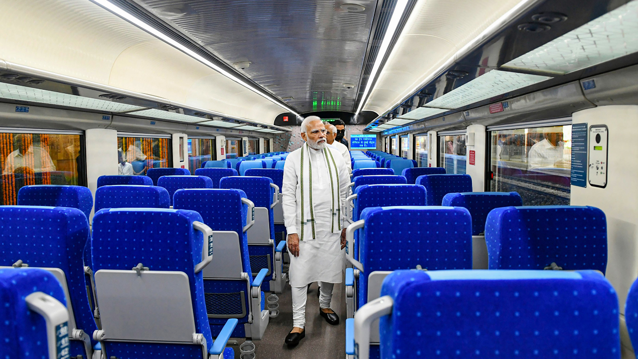 Prime Minister Narendra Modi aboard the Gandhinagar-Mumbai Vande Bharat Express train, in Gandhinagar. 
