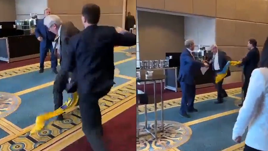 Ukrainian MP punches Russian delegate for snatching his nation's flag at Black Sea nations assembly in Ankara Ukrainian MP punches Russian delegate for snatching his nation's flag at Black Sea nations assembly in Ankara