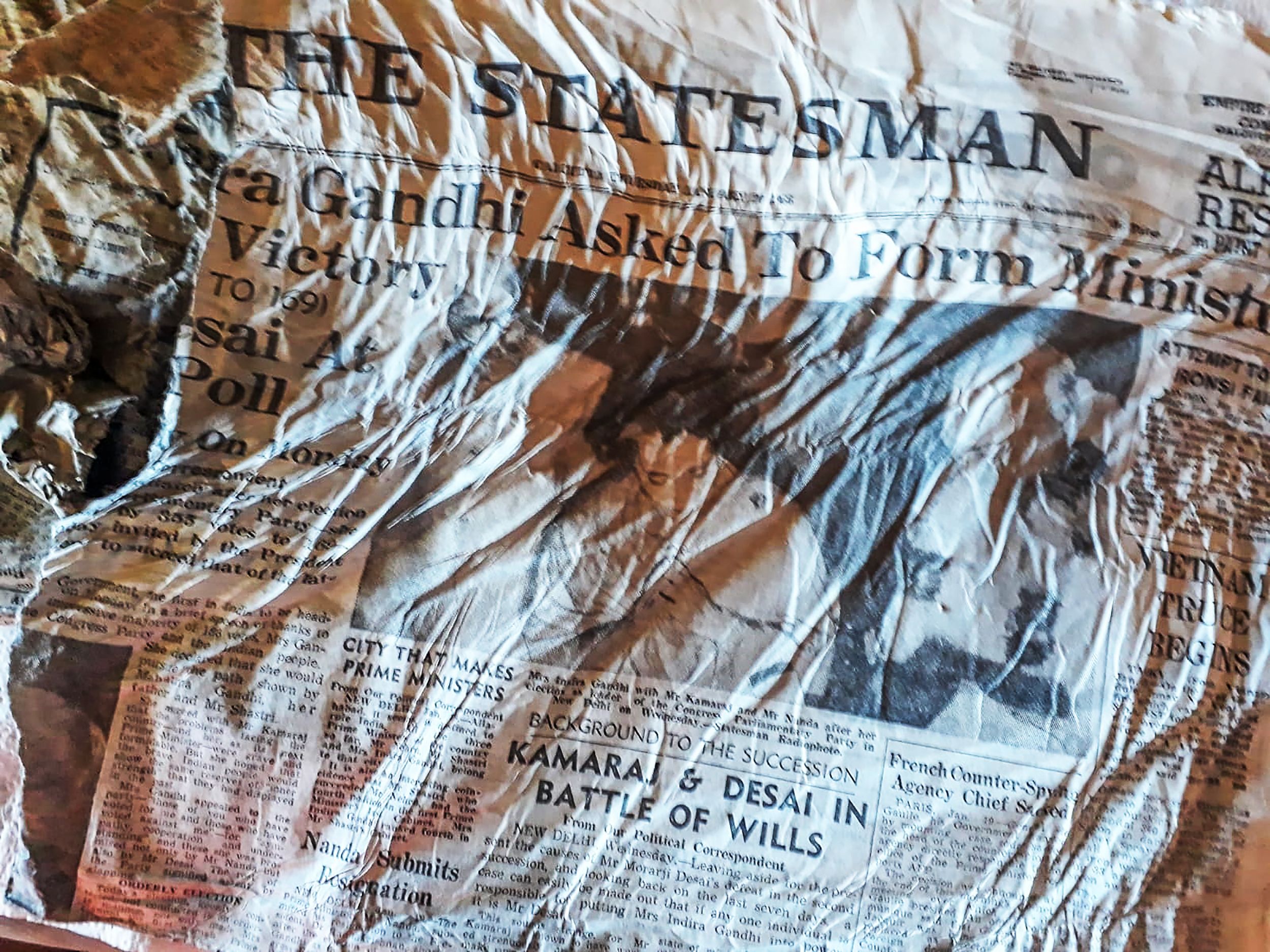 A 1966 copy of Indian newspaper The Statesman with a headline announcing the election of Indira Gandhi, likely to have been on board the Air India Boeing 707