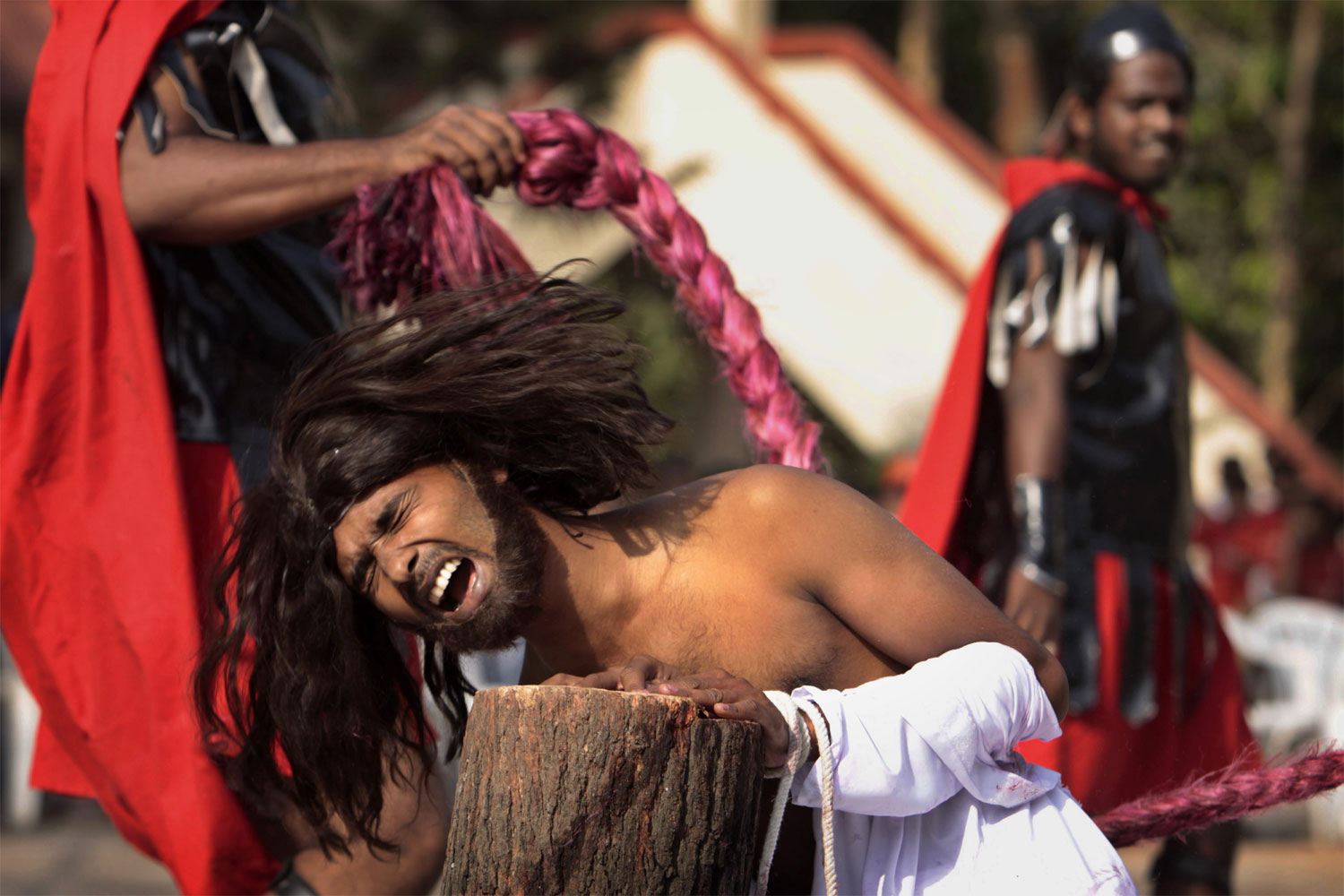 An Indian Christian actor dressed as Jesus takes part in a performance during a Catholic Good Friday procession at a church in Hyderabad, India, Friday, April 6, 2012. Christians around the world are marking the solemn period of Easter. (AP Photo)