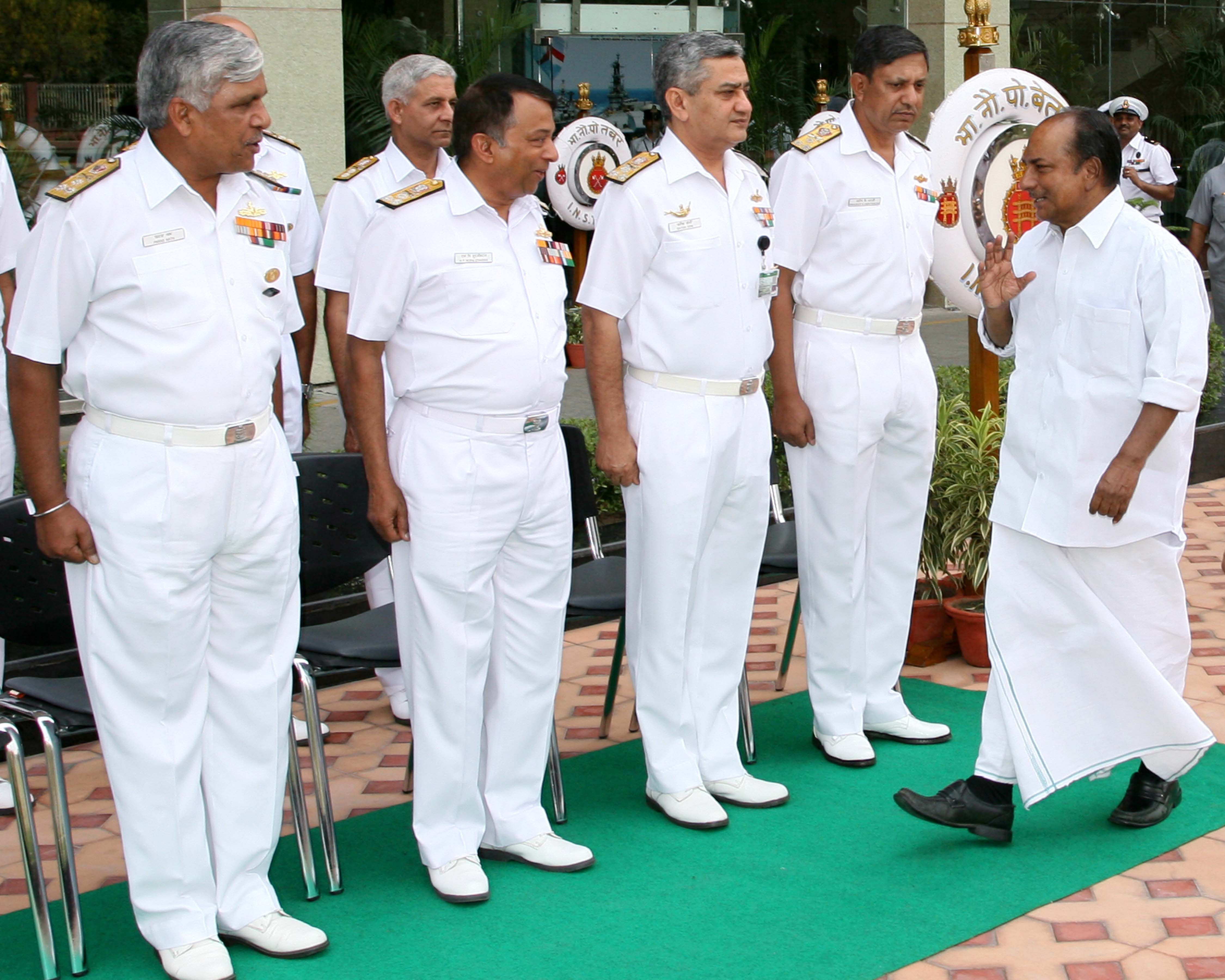 Indian Defence Minister Shri AK Antony(R) greets Naval commanders as he arrives for a Naval Commanders Conference in New Delhi on May 8, 2012. India is particularly keen to strengthen its maritime capabilities, given China's pursuit of a powerful