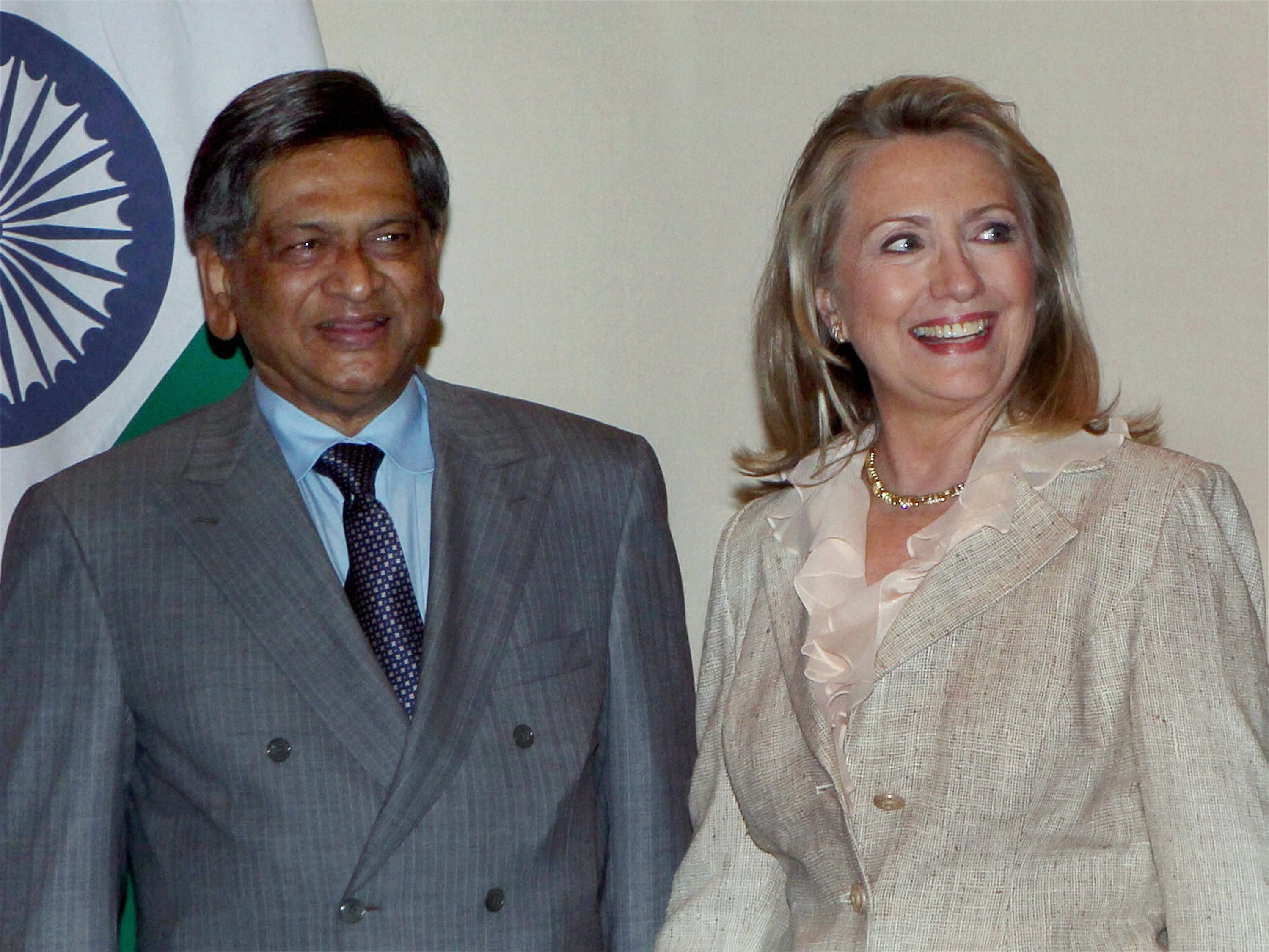 External Affairs Minister S M Krishna and US Secretary of State Hillary Clinton prior to a meeting in New Delhi on Tuesday. PTI