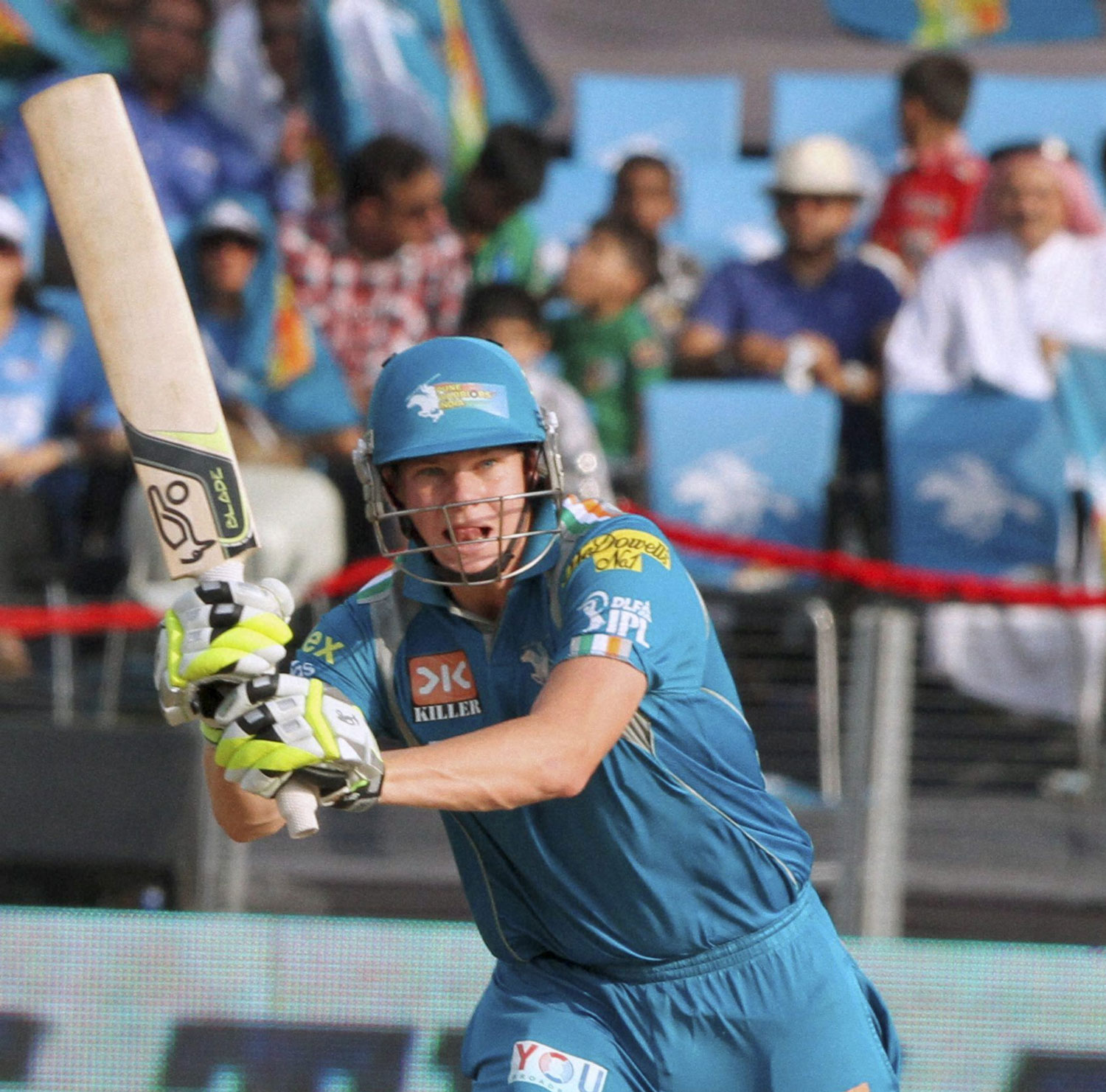 Pune Warriors' S Smith in action against Rajasthan Royals during the IPL-5 match  in Pune on Tuesday. PTI