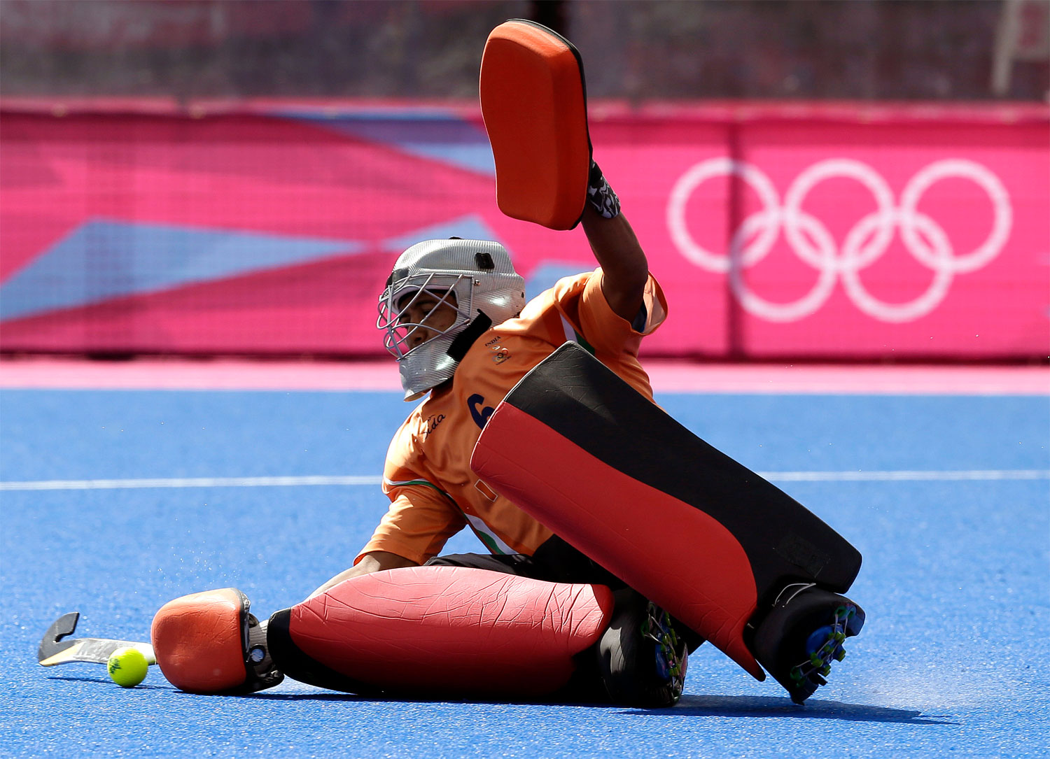 India goalkeeper Bharat Kumar Chetri makes a save against Germany during the men's hockey preliminary match at the 2012 Summer Olympics, Friday, Aug. 3, 2012, in London. Germany won 5-2.