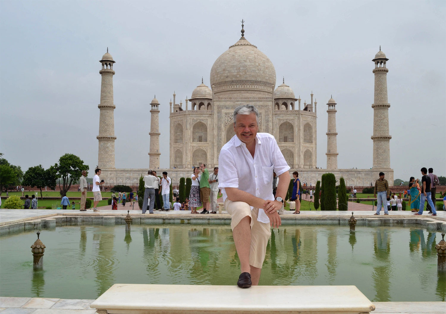 Belgian deputy prime minister Didier Reynders poses for a photo at the landmark Taj Mahal in Agra on August 4, 2012. Reynders is in India on a state visit. AFP PHOTO/ STR