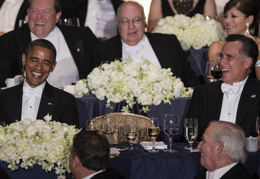US President Barack Obama, Republican US presidential candidate Mitt Romney and others attend the 67th annual Al Smith dinner at the Waldorf Astoria hotel October 18, 2012 in New York, New York. AFP PHOTO