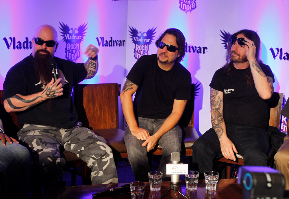 Members, from left, of Slayer, an American thrash metal band, guitarist  Kerry King, drummer Dave Lombardo and guitarist Gary Holt, speak during  an event ahead of their concert in Bangalore, India, Friday, Oct. 19,  2012. The band will make their fi...