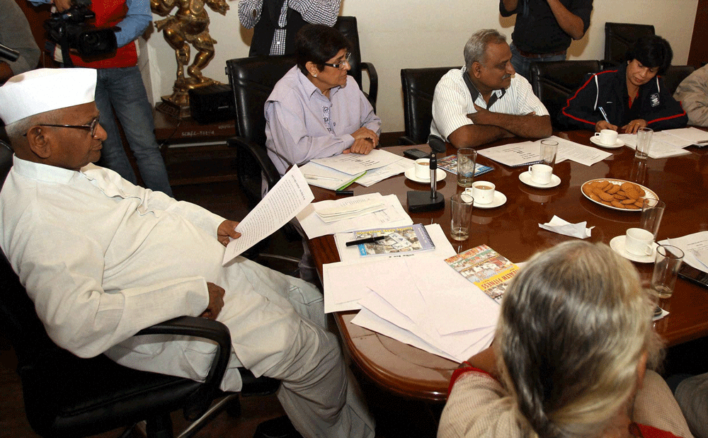 Social activist Anna Hazare during a meeting with his core committee members at Maharashtra Sadan in New Delhi on Saturday. PTI