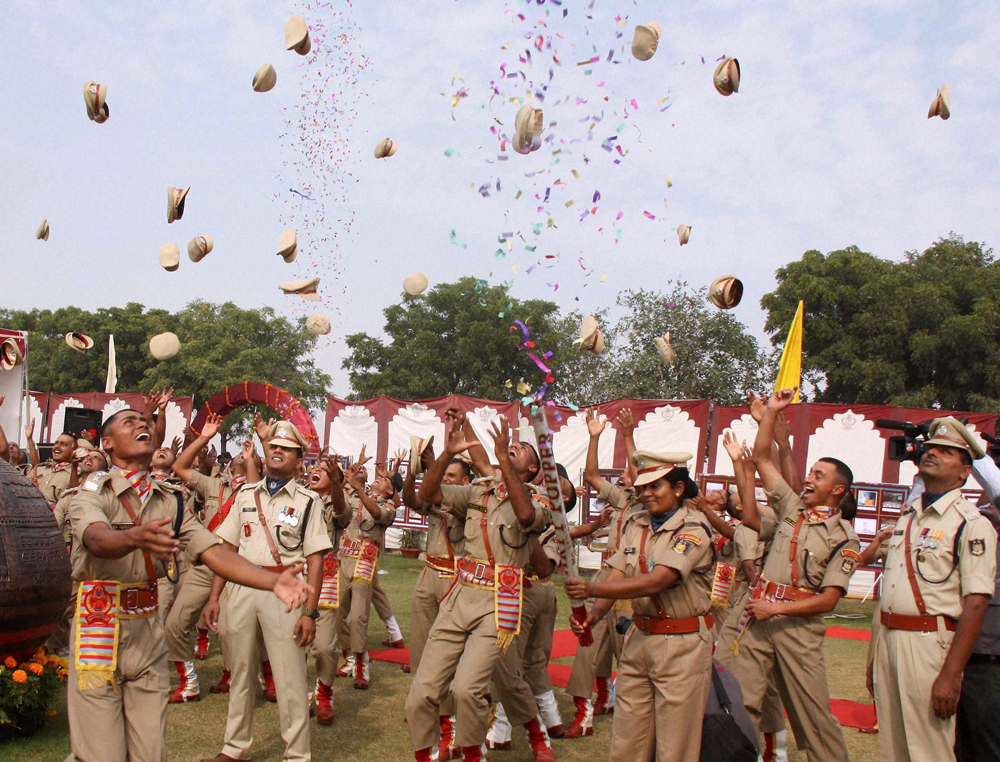 Gurgaon: Cadets jubilate after their passing out parade at CRPF academy, Kadarpur in Gurgaon on Saturday. PTI Photo