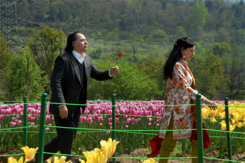 Actor Farooq Sheikh during the shoot of a TV serial at Tulip garden in Srinagar on Thursday. PTI Photo