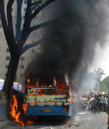 The BMTC bus caught fire after short-circuit in its engine near Yashwanthpura bus stand in Bangalore on Thursday.