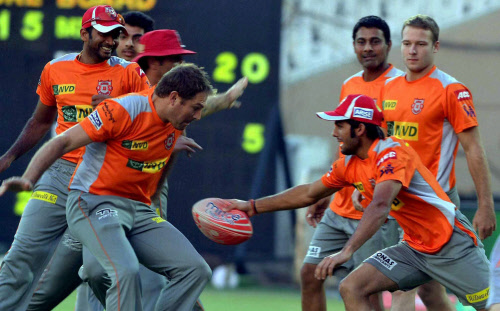 Kings XI Punjab cricketers during a practice session ahead of their match against SRH in Hyderabad on Thursday. PTI Photo