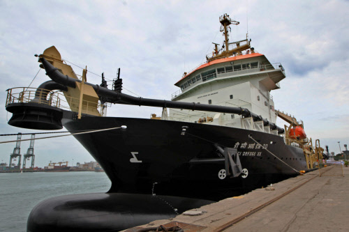 Dredge XX (a 5500 cubic meter Trailer Suction Hopper Dredger) which was dedicated by Union Shipping Minister GK Vasan during a function at Chennai Port Friday. PTI Photo