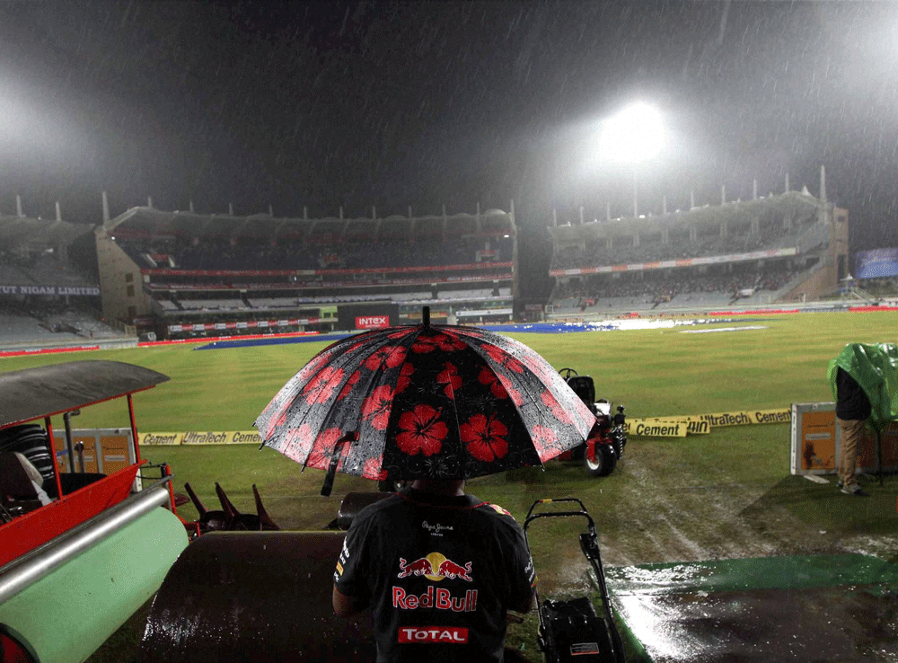 Rains disrupt the play during the 4th ODI cricket match between India and Australia at JSCA Stadium in Ranchi on Wednesday. PTI Photo