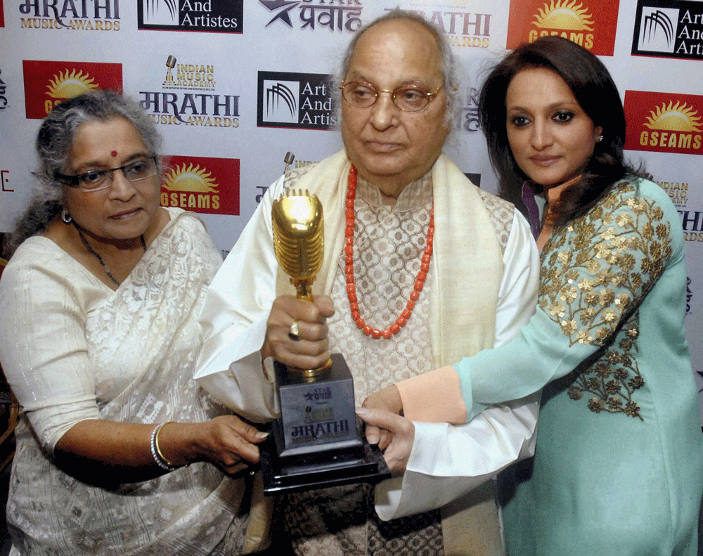Classical singer Pt Jasraj with wife Madhura Jasraj and daughter Durga Jasraj during the press announcement of the 1st Indian Marathi Music Academy Awards 2013 in Mumbai on Wednesday. PTI Photo