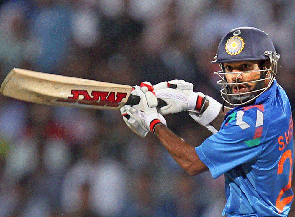 S Dhawan in action against Australia at JSCA Stadium during the 4th ODI cricket match in Ranchi on Wednesday. PTI Photo