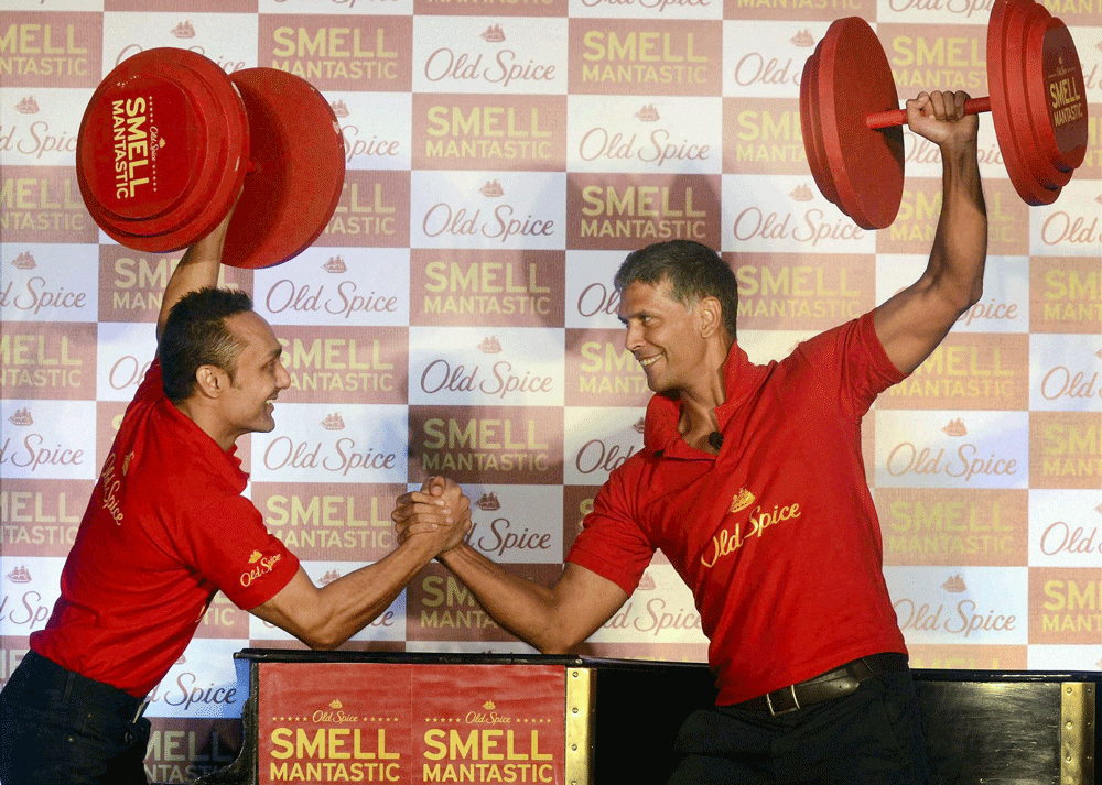 Rahul Bose and Milind Soman during a product launch function in Kolkata on Wednesday. PTI Photo