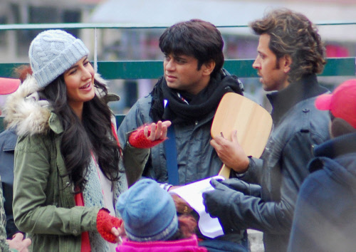 Bollywood actors Katrina Kaif and Hrithik Roshan during the shoot of movie' Bang Bang' in Shimla on Monday. PTI Photo