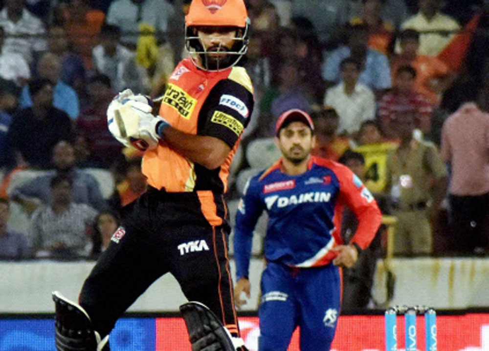 Shikhar Dhawan of SRH plays a shot against Delhi Daredevils during IPL cricket match at Uppal Stadium in Hyderabad on Thursday. PTI Photo