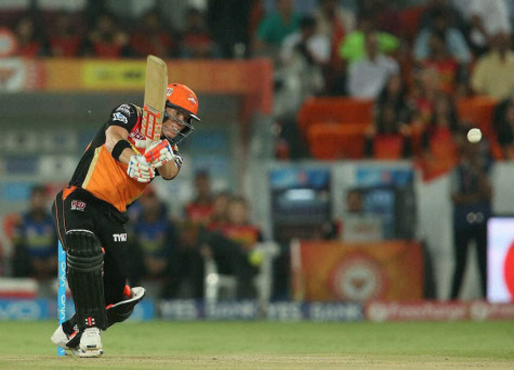 Sunrisers Hyderabad captain David Warner plays a shot against Delhi Daredevils during IPL cricket match at Uppal Stadium in Hyderabad on Thursday. PTI Photo
