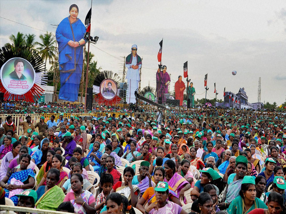  People gather in huge numbers at an election campaign venue of Tamil Nadu Chief Minister and AIADMK supremo J Jayalalithaa ahead of the state Assembly polls, in Tirunelveli on Thursday. PTI Photo.