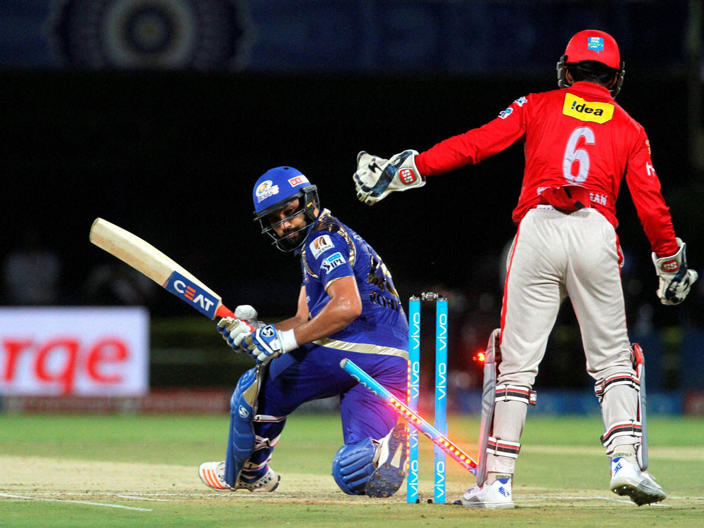  Mumbai Indians captain Rohit Sharma gets clean bowled during an IPL 2016 match against Kings XI Punjab in Visakhapatnam on Friday. PTI Photo.