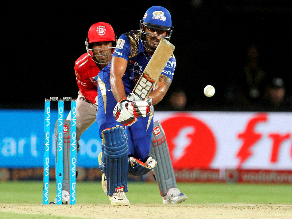  Mumbai Indians Nitish Rana plays a shot during an IPL 2016 match against Kings XI Punjab in Visakhapatnam on Friday. PTI Photo.