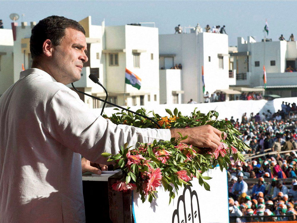 Congress vice-president Rahul Gandhi addresses a public meeting in Mehsana on Wednesday. PTI Photo
