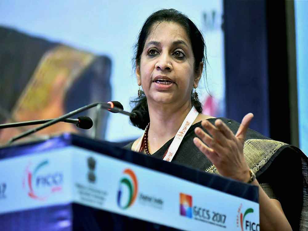  Telecom Secretary Aruna Sundararajan addressing ‘i-Bharat’ conference in New Delhi on Thursday. PTI Photo
