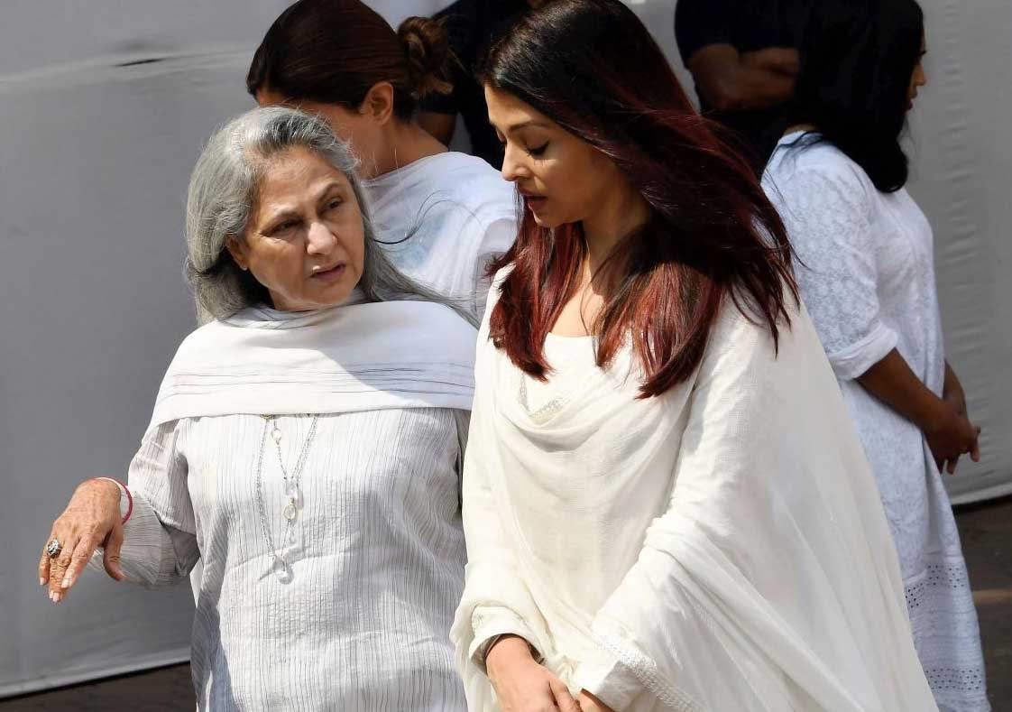 Bollywood actors Jaya Bachchan and Aishwarya Rai Bachchan arrive to attend a condolence gathering following the demise of veteran actor Sridevi in Mumbai on Wednesday. PTI Photo 