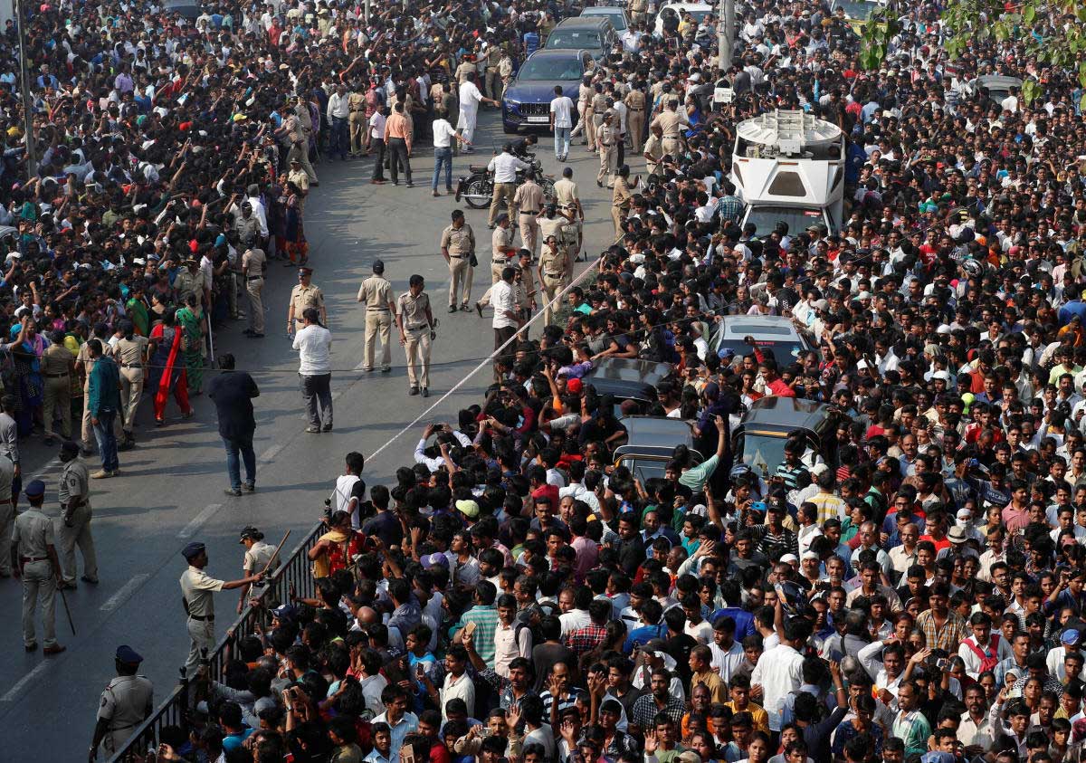 Crowd of fans gather outside the venue of the funeral of Bollywood actress Sridevi in Mumbai, India, February 28, 2018. REUTERS