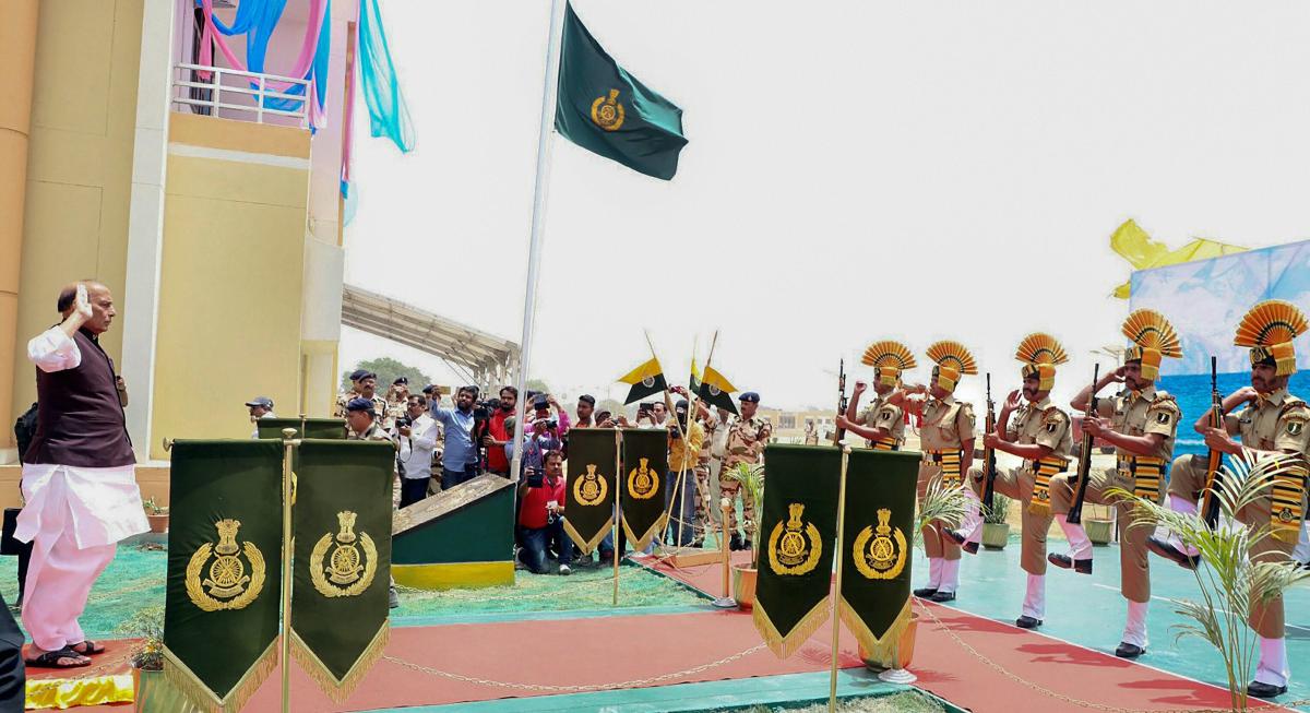 Union Home Minister, Rajnath Singh taking salute, during the inauguration of the several projects, at the ITBP 6th Battalion HQs, at Chhapra, in Bihar on Sunday. PTI Photo