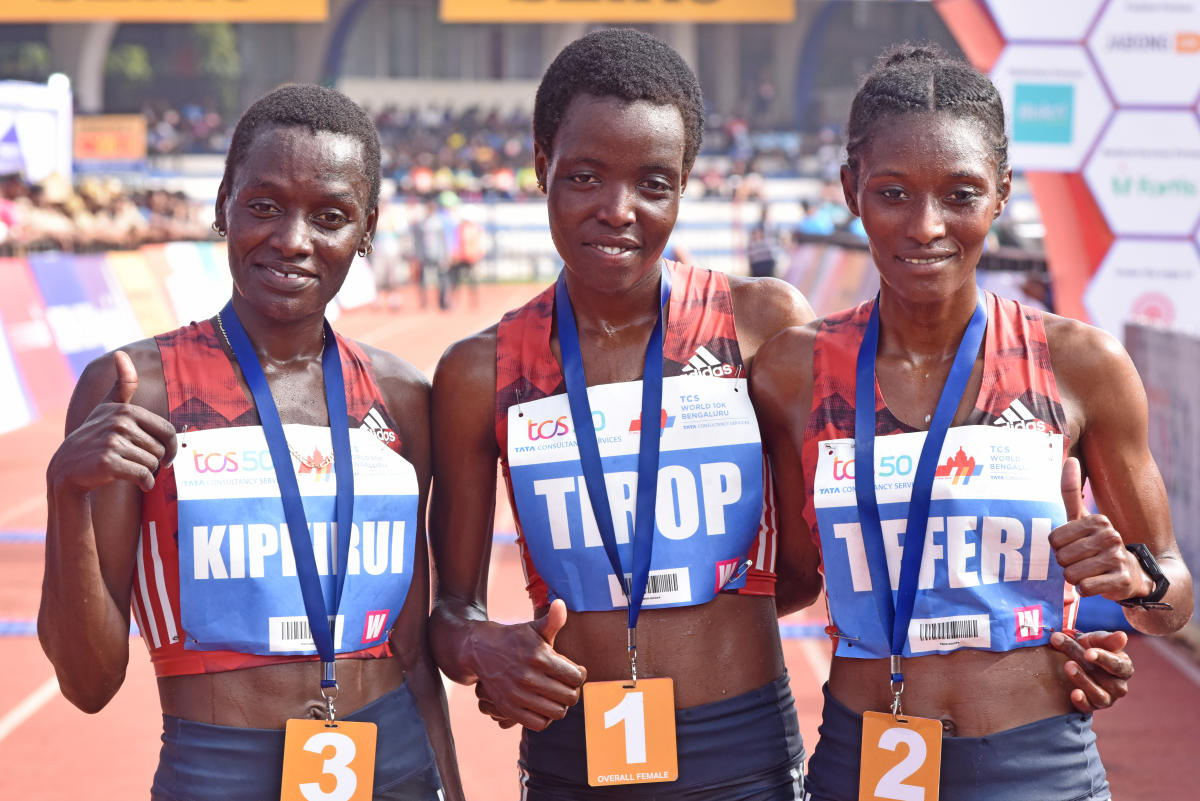 Caroline Kipkirui (Third) of Kenya, Agnes Tirop (First) of Kenya and Senbere Teferi (second) of Ethipia in TCS world 10K run, organised by Procam International Private Limited at Kanteerava Stadium in Bengaluru on Sunday. DH Photo