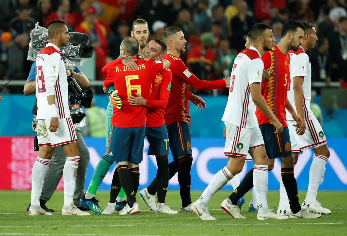 World Cup - Group B - Spain vs Morocco - Kaliningrad Stadium, Kaliningrad, Russia - June 25, 2018 Spain's Iago Aspas celebrates after the match with Andres Iniesta. Reuters