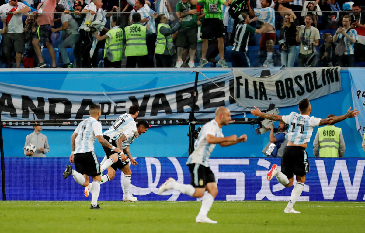 World Cup - Group D - Nigeria vs Argentina - Saint Petersburg Stadium, Saint Petersburg, Russia - June 26, 2018 Argentina's Marcos Rojo celebrates scoring their second goal with Lionel Messi and team mates. Reuters