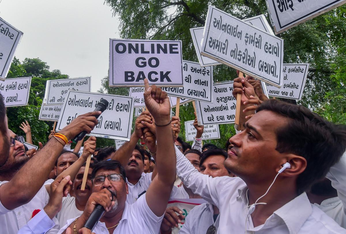 Chemists protest against online sale of medicines, in Ahmedabad on Friday, Aug 24, 2018. PTI