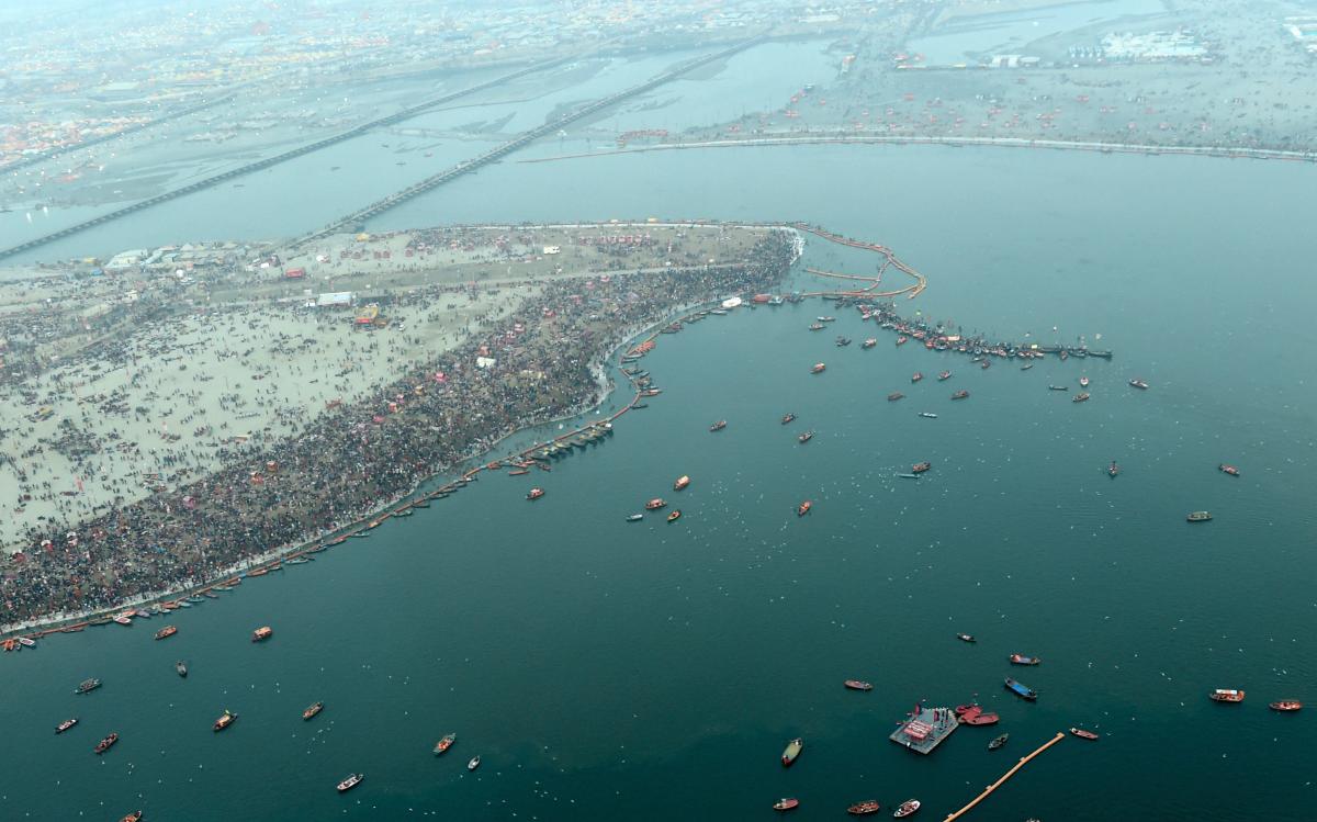 Allahabad: An ariel view of Sangam on the eve of the second royal bath 'Mauni Amavasya' part of the ongoing Kumbh Mela 2019, in Allahabad (Prayagraj), Sunday, Feb. 03, 2019. (PTI Photo/Atul Yadav)