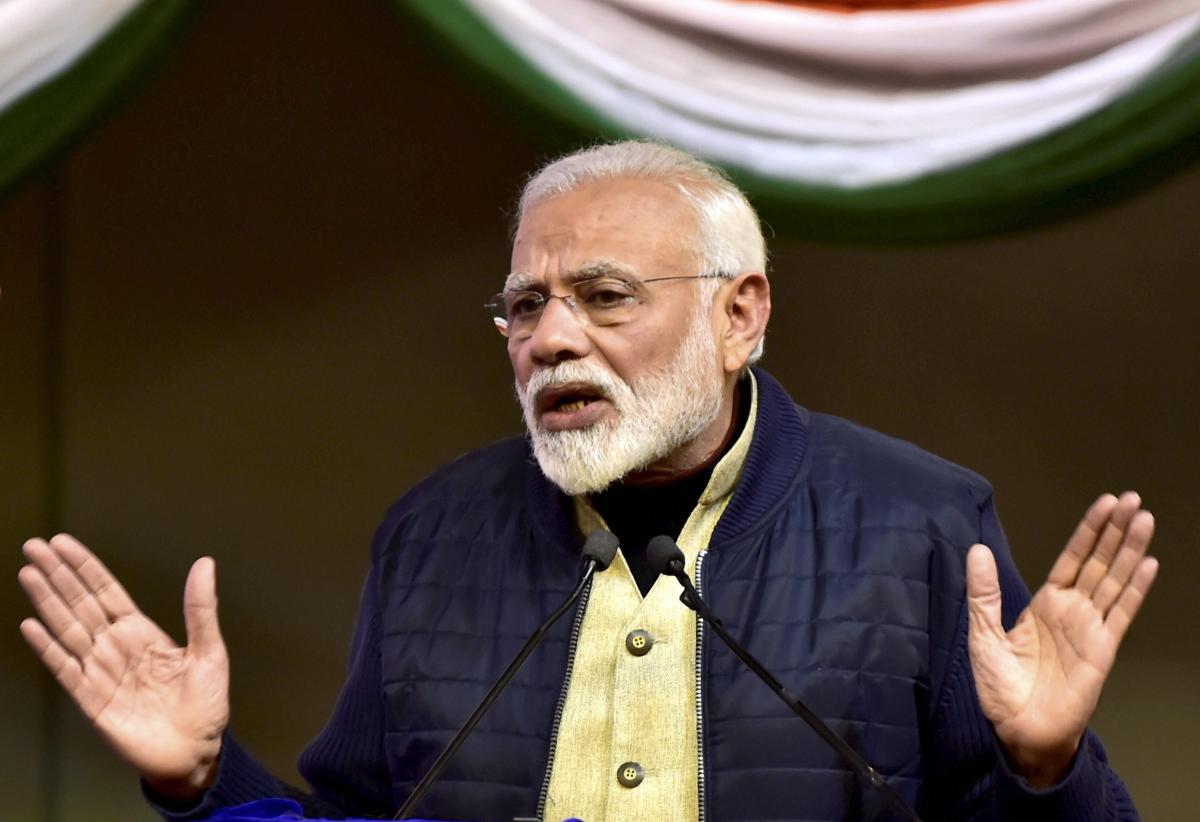 PM Modi in Srinagar Srinagar: Prime Minister Narendra Modi addresses at the inauguration and foundation laying stone ceremony of various projects at SKICC, in Srinagar, Sunday, Feb. 03, 2019. ( PTI Photo/S Irfan)