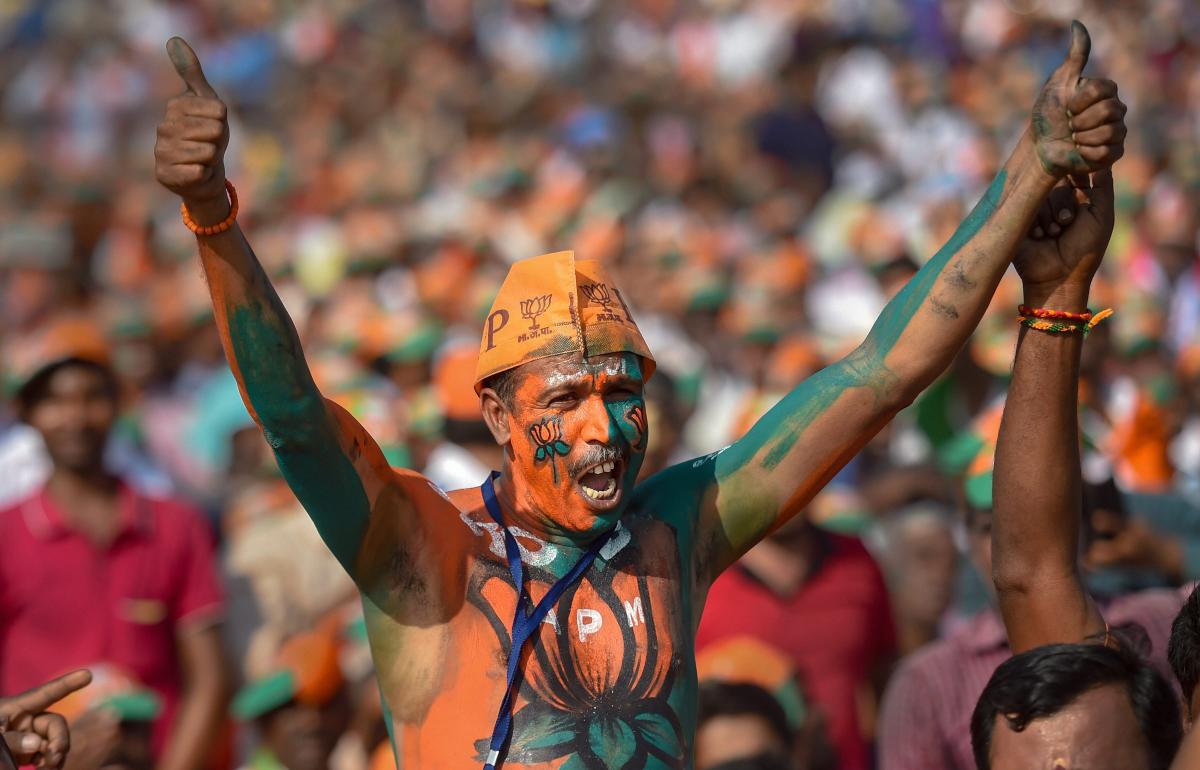 A BJP supporter during Prime Minister Narendra Modi's public rally in Tiruppur, Tamil Nadu, Sunday, Feb. 10, 2019. (PTI Photo)