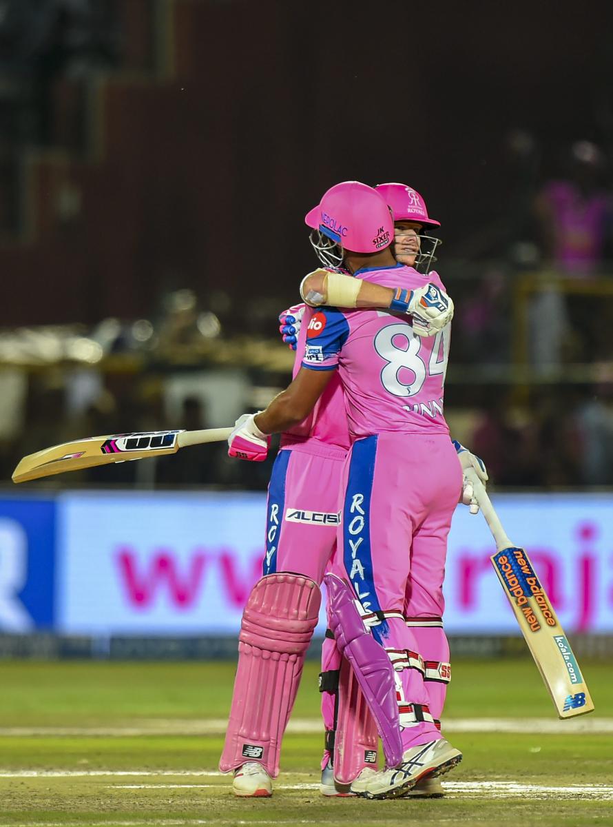 RR batsmen Steve Smith and Stuart Binny celebrate their victory in the Indian Premier League 2019 (IPL T20) cricket match between Rajasthan Royals (RR) and Mumbai Indians (MI) at Sawai Mansingh Stadium, Jaipur, Saturday, April 20, 2019. (PTI Photo/Shahbaz Khan)
