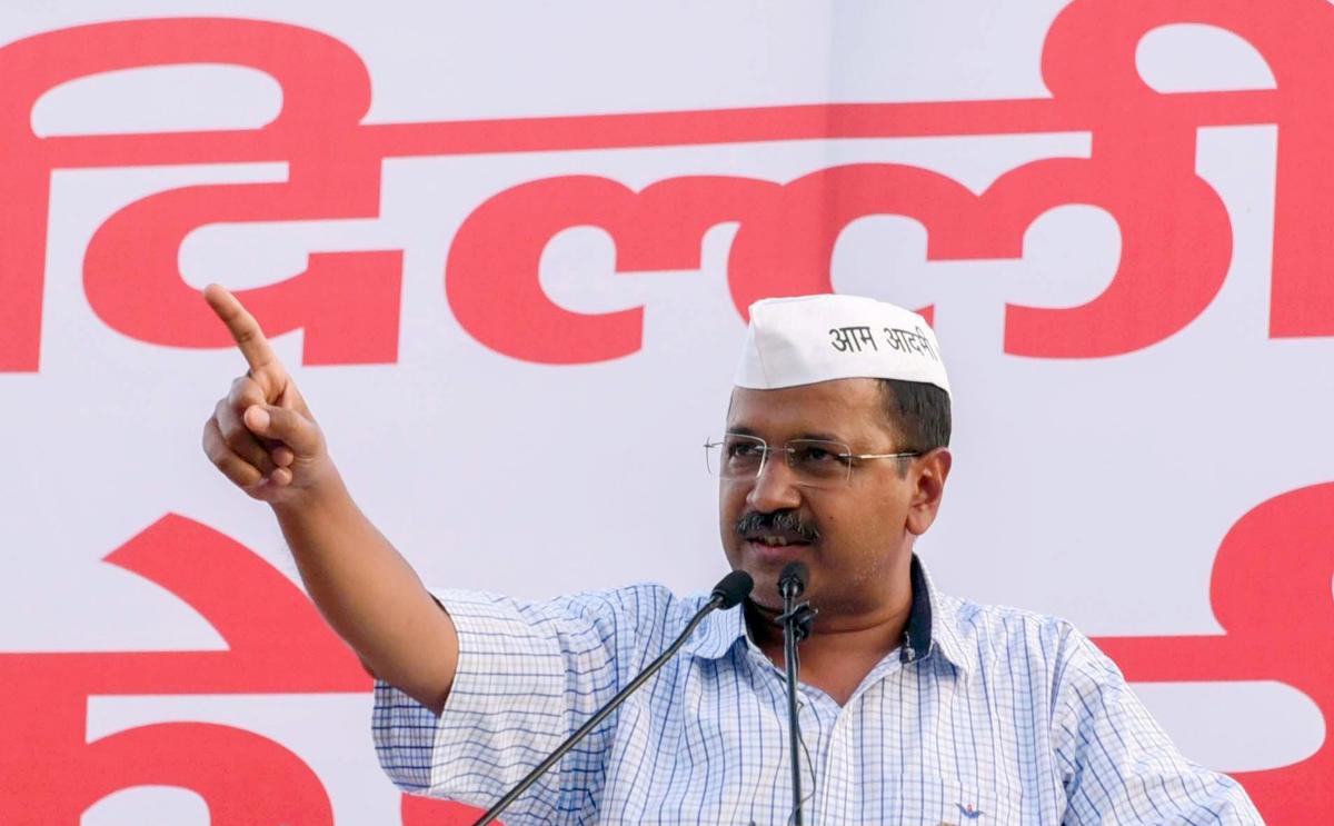 AAP convener and Delhi Chief Arvind Kejriwal addresses a public meeting in New Delhi. PTI Photo